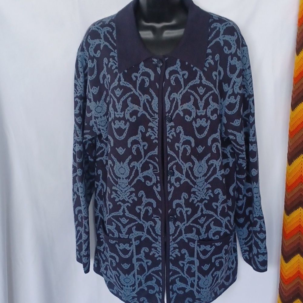 DIALOGUE Navy/Blue Wool Blend Long Duster/Cardigan, M, Fleur Di Lis, 23"ptp,29"L
